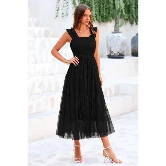 Women's Tulle Midi Dress Sleeveless Smocked Flowy Casual or Party Wear Women's Tulle Midi Dress Sleeveless Smocked Flowy Casual or Party Wear